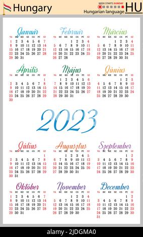 Ungarischer vertikaler Taschenkalender für 2023 (zweitausend dreiundzwanzig). Die Woche beginnt am Sonntag. Neues Jahr. Farbe einfaches Design. Vektor Stock Vektor