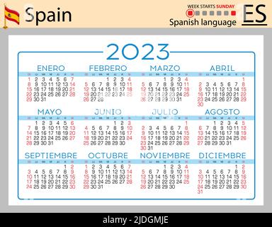 Spanischer horizontaler Taschenkalender für 2023 (zweitausend dreiundzwanzig). Die Woche beginnt am Sonntag. Neues Jahr. Farbe einfaches Design. Vektor Stock Vektor