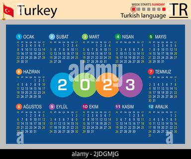 Türkischer horizontaler Taschenkalender für 2023 (zweitausend dreiundzwanzig). Die Woche beginnt am Sonntag. Neues Jahr. Farbe einfaches Design. Vektor Stock Vektor