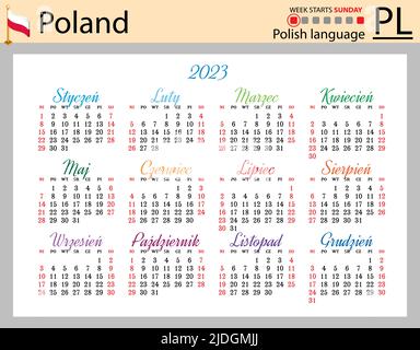 Polnischer horizontaler Taschenkalender für 2023 (zweitausend dreiundzwanzig). Die Woche beginnt am Sonntag. Neues Jahr. Farbe einfaches Design. Vektor Stock Vektor