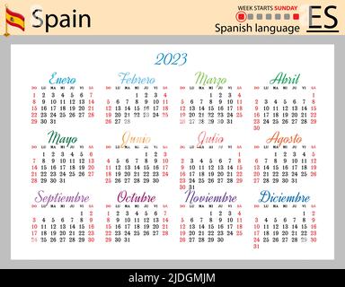 Spanischer horizontaler Taschenkalender für 2023 (zweitausend dreiundzwanzig). Die Woche beginnt am Sonntag. Neues Jahr. Farbe einfaches Design. Vektor Stock Vektor