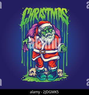 Christmas Zombie weihnachtsmann mit Totenkopf Vektor Illustrationen für dein Logo, Merchandise T-Shirt, Aufkleber und Label Designs, Poster Stock Vektor