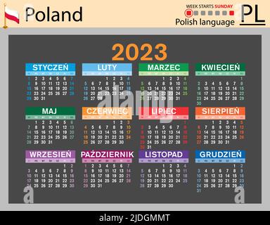 Polnischer horizontaler Taschenkalender für 2023 (zweitausend dreiundzwanzig). Die Woche beginnt am Sonntag. Neues Jahr. Farbe einfaches Design. Vektor Stock Vektor