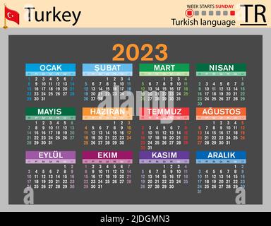 Türkischer horizontaler Taschenkalender für 2023 (zweitausend dreiundzwanzig). Die Woche beginnt am Sonntag. Neues Jahr. Farbe einfaches Design. Vektor Stock Vektor