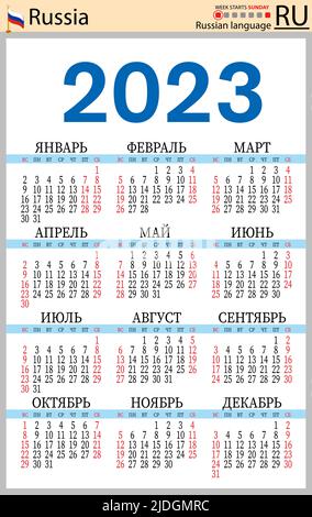 Russischer vertikaler Taschenkalender für 2023 (zweitausend dreiundzwanzig). Die Woche beginnt am Sonntag. Neues Jahr. Farbe einfaches Design. Vektor Stock Vektor