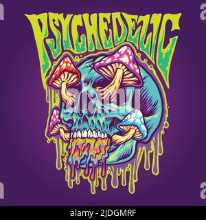 Scary Schädel psychedelisch Pilze schmelzen Vektor Illustrationen für Ihre Arbeit Logo, Merchandise T-Shirt, Aufkleber und Label-Designs, Poster, Grußkarte Stock Vektor
