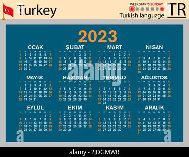 Türkischer horizontaler Taschenkalender für 2023 (zweitausend dreiundzwanzig). Die Woche beginnt am Sonntag. Neues Jahr. Farbe einfaches Design. Vektor Stock Vektor