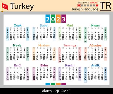 Türkischer horizontaler Taschenkalender für 2023 (zweitausend dreiundzwanzig). Die Woche beginnt am Sonntag. Neues Jahr. Farbe einfaches Design. Vektor Stock Vektor