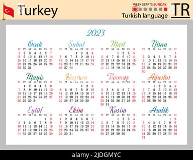 Türkischer horizontaler Taschenkalender für 2023 (zweitausend dreiundzwanzig). Die Woche beginnt am Sonntag. Neues Jahr. Farbe einfaches Design. Vektor Stock Vektor