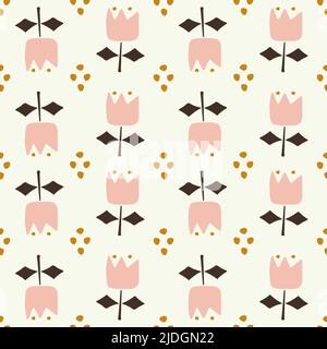 Niedliches florales Nahtmuster mit Frühlingsblume. Eleganter Vorlagenhintergrund. Handgezeichnete Tulpen im Doodle-Stil. Pastellfarben. Skandinavischer Minimalismus Stock Vektor