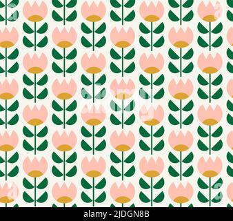Niedliches nahtloses Blumenmuster aus rosa Tulpen im skandinavischen Stil. Nordische Volksblumen. Für Textil, Stoff, Geschenkpapier, Tapeten, Musterfüllungen Stock Vektor
