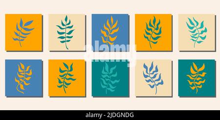 Abstrakt gewellte Blätter minimalistische quadratische Poster-Sammlung. Handgezeichnete Baumbrunches, Bio-Seegras. Eco Green Wohnzimmer Innenkonzept. Gekrümmte natürliche Formen Symbole Vektordarstellung Stock Vektor