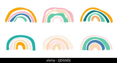 Niedliche skandinavische bunte Regenbogen-Kollektion Boho Bogen Set für Kinderzimmer Dekoration. Abstrakt einfache minimalistische Elemente für Kinder positive textile Stoff Abdeckung Raum Inneneinrichtung Vektor Illustration Stock Vektor