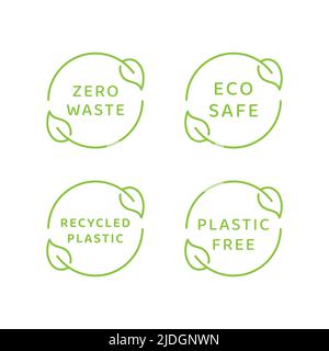 Umweltfreundlich, kein Abfall und recyceltes Material. Vector Label Set, plastikfrei, umweltfreundlich mit Blattzyklus. Stock Vektor