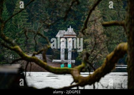 See Synevyr in den Karpaten, das Ende des Winters in den Bergen, alpiner und tiefer See, Eis auf dem See, Synevyr Polyana Nationalpark. Stockfoto