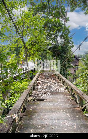 Blick auf den Spaziergang auf einer Hängebrücke aus Holz und einer Eisenkreuzung über einen Fluss und tropische Pflanzen und Bäume in Bali, Indonesien. Getrocknete Blätter o Stockfoto