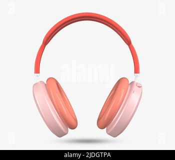 Kopfhörer-Ohrhörer 3D-Symbol. Audio-Headset mit rosa Akzenten. 3D kabellose Kopfhörer in minimalem Stil. Hören Sie Musik-Gadget. Audio-Musikinstrumente. Stockfoto