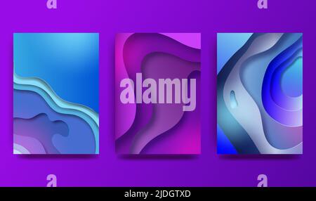 A4 abstrakte farbige 3D Papier Illustration Set. Kontrastierende Farben. Helle Farbverläufe. Vektor-Design-Layout für Präsentationsbanner, Flyer, Poster Stock Vektor
