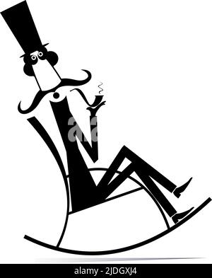 Der Mann ruht auf dem Schaukelstuhl mit Pfeife. Der Schnurrbart-Mann im Hut sitzt im Schaukelstuhl und raucht eine Pfeife. Schwarz und Weiß Stock Vektor
