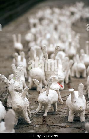 Weiße Kaninchenstatuen aus Gips bei der Kunstausstellung im Freien, künstliche weiße Hasen auf der Straße der Stadt. Viele weiße handgemachte Kaninchen, viele dekorativ Stockfoto