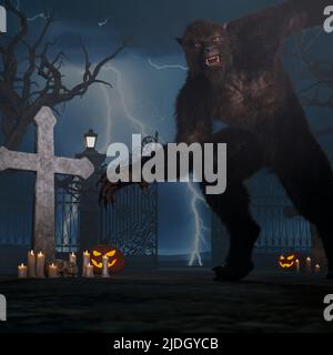 Illustration eines Werwolf in der Nacht auf dem gruseligen Friedhof - 3D Rendering Stockfoto