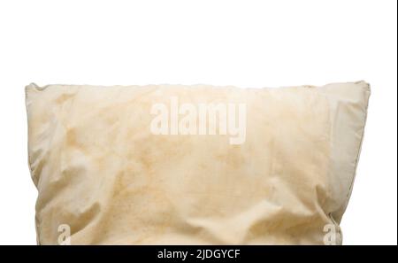 Schmutziges Kissen isoliert auf weißem Hintergrund mit Abschneideweg Stockfoto