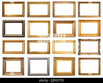 Satz von verschiedenen leeren horizontalen alten breiten Bilderrahmen, die auf weißem Hintergrund ausgeschnitten sind Stockfoto