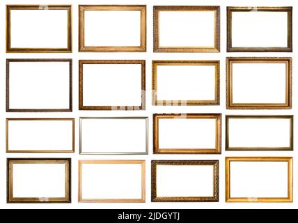 Satz von verschiedenen leeren horizontalen alten schmalen Bilderrahmen, die auf weißem Hintergrund ausgeschnitten sind Stockfoto