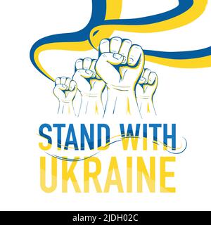 Ukraine Patriotisches Banner mit ukrainischer Flagge in erhobenen Händen, Hintergrund zum Unabhängigkeitstag. Stock Vektor