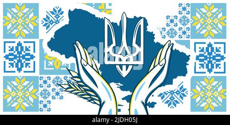 Ukraine Patriotisches Banner mit erhobenen Händen im Gebet mit traditionellen Ornament verziert. Stock Vektor