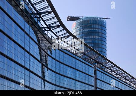 Hochhaus der Ergo Hauptsitz mit Schafherde auf dem Rhein Wiesen ...
