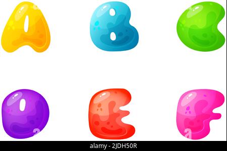 Gelee bunte Alphabete, Comic-Alphabet für Kinder. Jelly Bright Font. Kindliche Art für Veranstaltungen, Aktionen. Stock Vektor