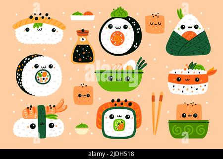 Lustiges japanisches Essen. Niedliche Sushi-Figuren. Kawaii-Brötchen und Salate. Asiatische Küche. Tofu und Sojasauce. Algen mit Reis. Lachsfüllung. Sashimi Stock Vektor
