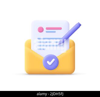 Umschlag mit Brief, Bleistift und Häkchen. 3D Vektorsymbol. E-Mail-Nachricht, unterzeichnetes Vertragskonzept. Minimalistischer Cartoon-Stil. Stock Vektor