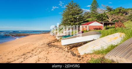 Hochgedrehte Metallfischerboote (Tinnies) fuhren am Fisherman's Beach in der Nähe des Long Reef, Sydney, Australien, an die Küste Stockfoto