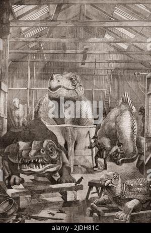 Antidiluvianische Tiere. Die Dinosauriermodelle, die im Studio von Benjamin Waterhouse Hawkins in Sydenham, London, England, gebaut werden 1853. Aus L'Univers Illustre, Paris, 1859 Stockfoto
