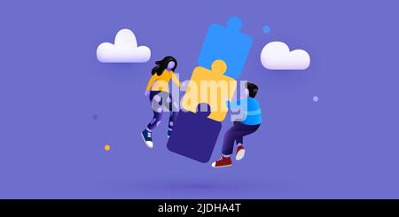 Menschen fliegen herum Puzzle. Kooperations-, Teamwork- und Partnerschaftskonzept. Vektorgrafik Stock Vektor