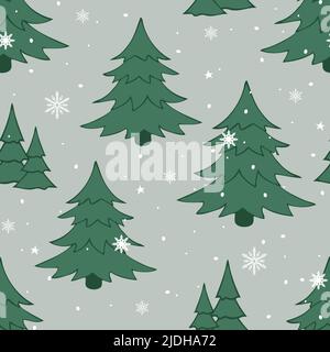 Nahtloses Vektormuster mit Winterwald auf grauem Hintergrund. Schlichtes Fichtenbaum-Tapetendesign. Dekorative Mode-Textilien der Saison. Stock Vektor