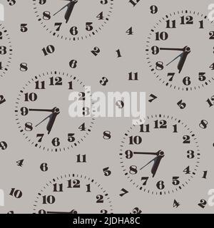 Nahtloses Vektormuster mit Uhren und Zahlen auf grauem Hintergrund. Einfaches abstraktes Tapetendesign für die Zeitmessung. Stock Vektor
