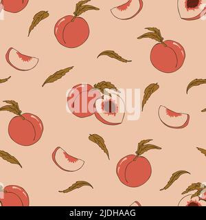 Nahtloses Vektormuster mit Pfirsichen auf hellgelbem Hintergrund. Sommer Garten Tapete Design. Dekorative Fruchtmode Textil. Stock Vektor