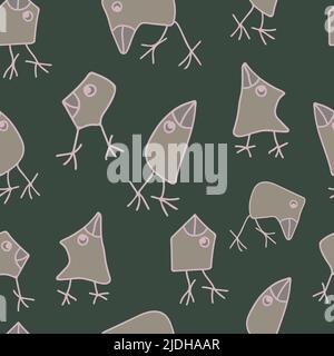 Nahtlose Vektor-Muster mit Cartoon grauen Vögeln auf grünem Hintergrund. Hand ertrinken lustige Vogel Tapete Design. Stock Vektor
