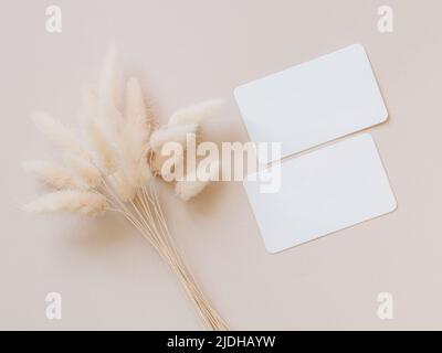 Zwei leere weiße Karten und ein Bouquet von trockenem Lagurus auf beigem Hintergrund von oben. Formulare für Unternehmen, Werbung. Leerer Raum für Text. Minimalistische moderne s Stockfoto