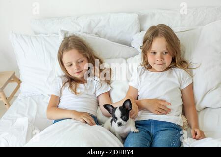 Lächelnd verspielte niedliche kleine Mädchen mit kleinem Hund im Schlafzimmer auf dem Bett zu Hause Stockfoto