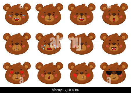 Cartoon Bär Emoji. Lustige Tiergefühle, braune Grizzlygesichter, verschiedene Stimmungen, Kopfausdrücke, wildes Waldsäugetier, Lächeln und weinen, wütend und Stock Vektor