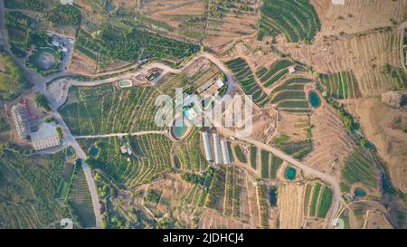 Grüne bergige Felder und Straßen in der Halbwüste, Mount Libanon - Faraya, Mittlerer Osten Stockfoto