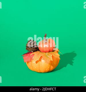 Kreatives Layout von Herbstkürbissen, Tannenzapfen und Blättern mit grünem Hintergrund. Minimales saisonales Konzept. Stockfoto