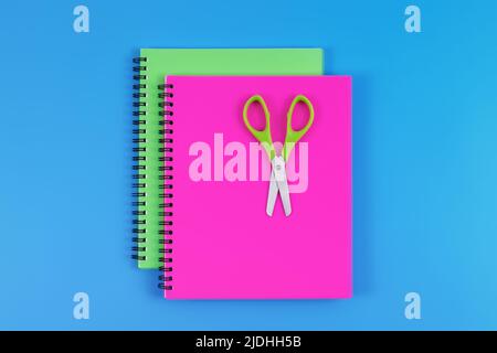 Flaches Lay mit farbenfroher Papeterie auf blauem Hintergrund. Saure Farben. Stockfoto