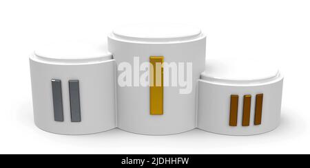 Weißen Zylinder Podium mit drei Rang Orte (römische Ziffern), dreidimensionale Rendering, 3D-Darstellung Stockfoto