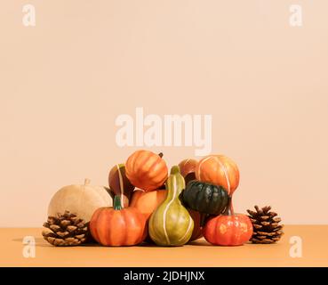 Kreatives Herbst-Halloween-Layout mit verschiedenen Kürbissen, Kürbissen und Tannenzapfen auf beigem Hintergrund. Minimales saisonales Kreativkonzept mit Kopierplatz. Stockfoto
