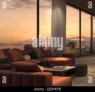 Luxuriöses Wohnzimmer mit Nachtbeleuchtung, Steinboden und Holzdecke. Fenster mit Blick auf den Sonnenuntergang. 3D Darstellung innen rendern. Stockfoto